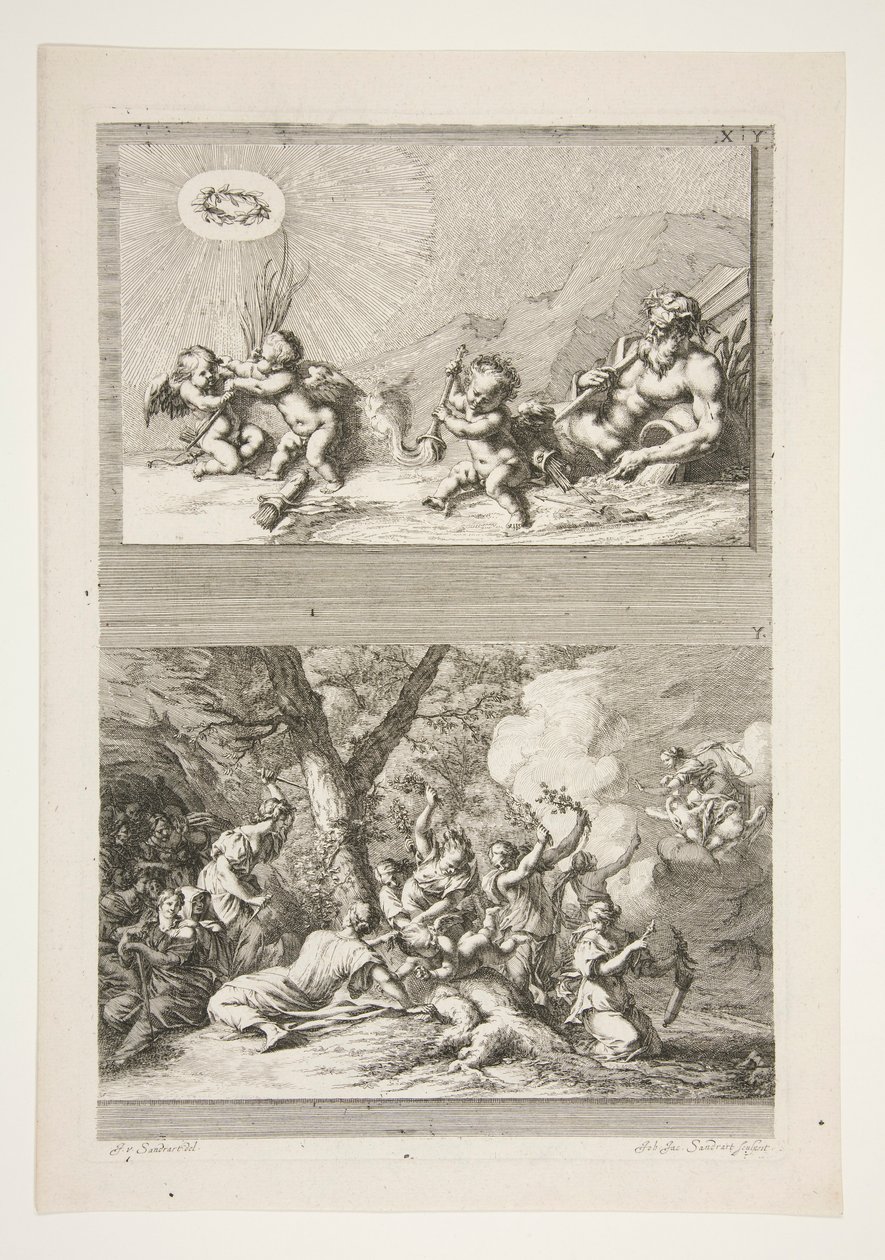 moitié supérieure : Un dieu de la rivière et des putti jouant avec les symboles de la renommée moitié inférieure : La punition de Cupidon - Joachim von Sandrart