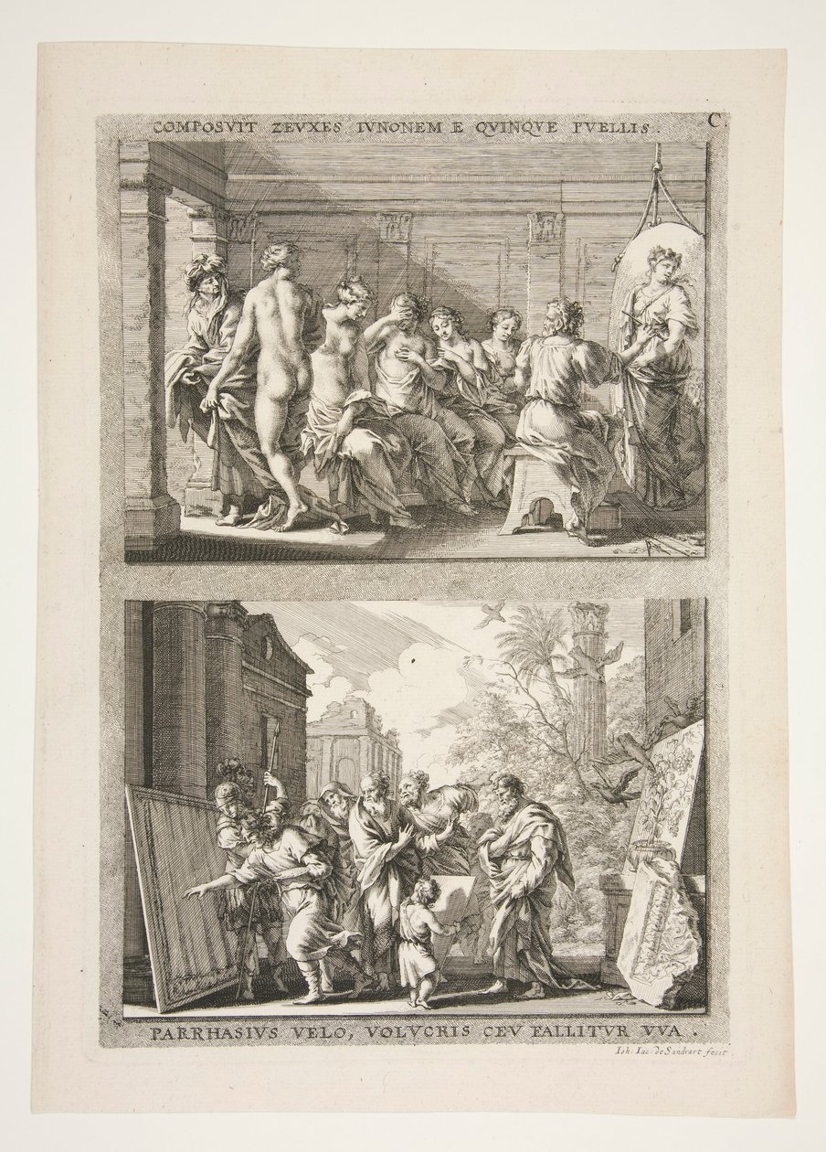partie supérieure : COMPOSIT ZEUXES IUNONEM E QUINQUE PUELLIS partie inférieure : PARRHASIUS VELO, VOLVCRIS CEV FALLITOR VUA - Joachim von Sandrart