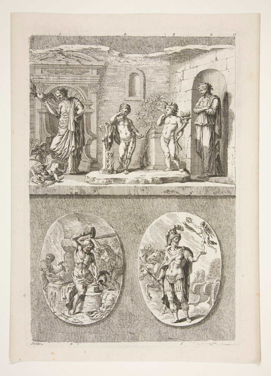 moitié supérieure : Quatre statues antiques moitié inférieure : Forge de Vulcain et un général romain victorieux - Joachim von Sandrart