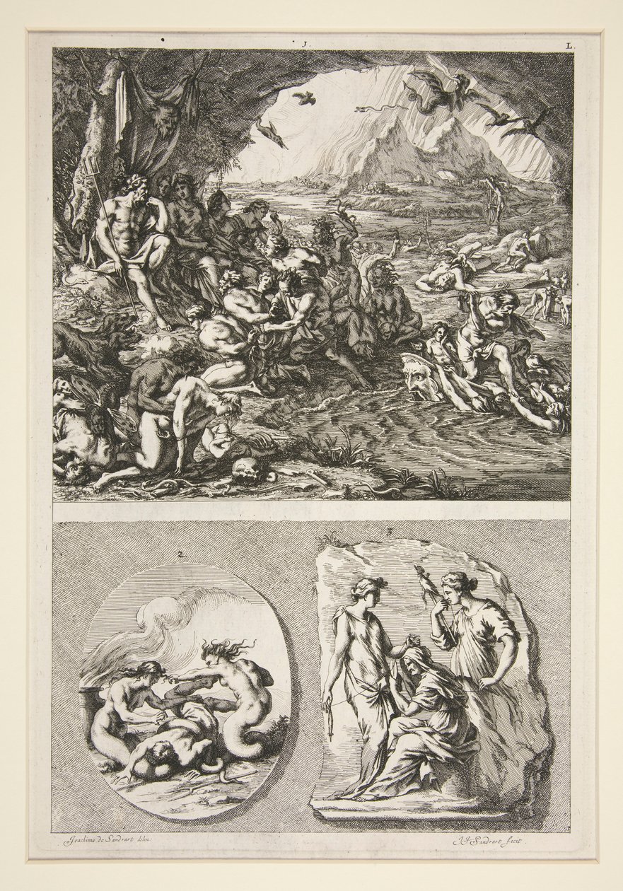 partie supérieure : Quos Ego ? partie inférieure : Deux reliefs antiques : Les Trois Parques et un sujet inconnu - Joachim von Sandrart