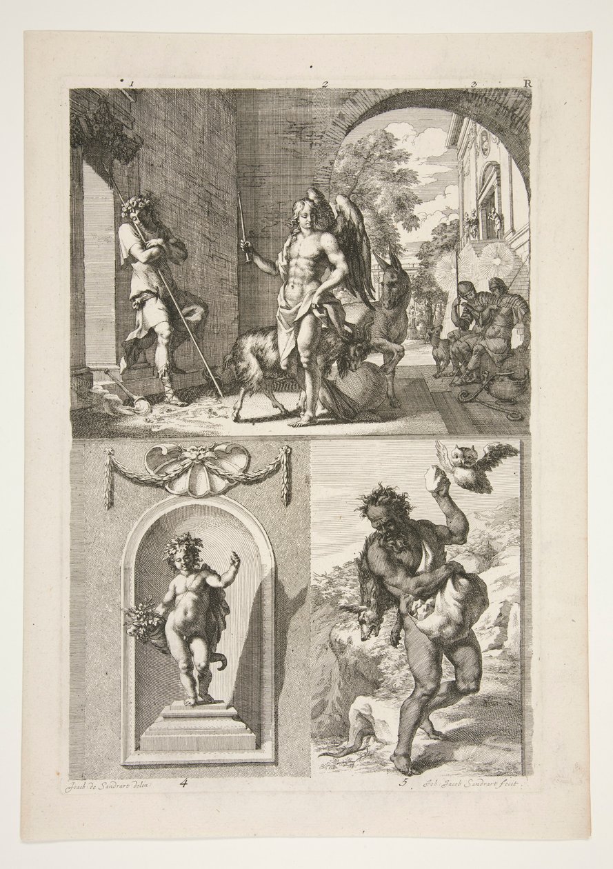 moitié supérieure : Sujet religieux inconnu moitié inférieure : Une statue de putto dans une niche et une statue de faune dans un paysage - Joachim von Sandrart