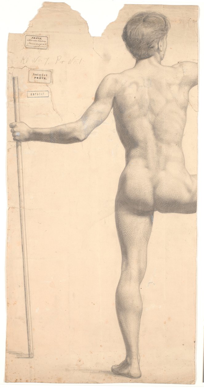 Modèle masculin debout, vu de dos, bâton dans la main gauche, bras et jambe droite coupés - Joakim Frederik Skovgaard