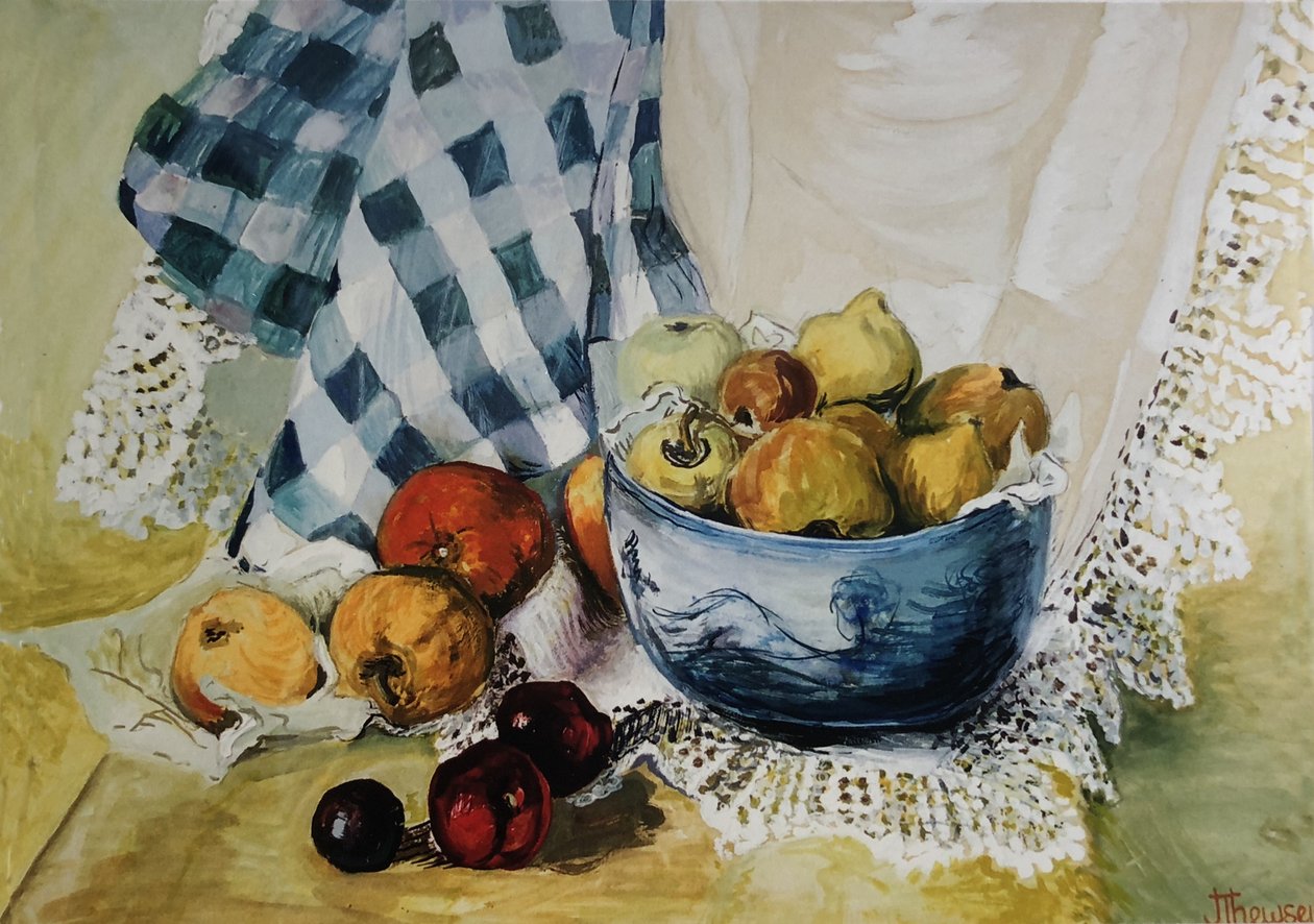 Nature morte avec un bol bleu, pommes, poires, textiles et dentelle - Joan Thewsey