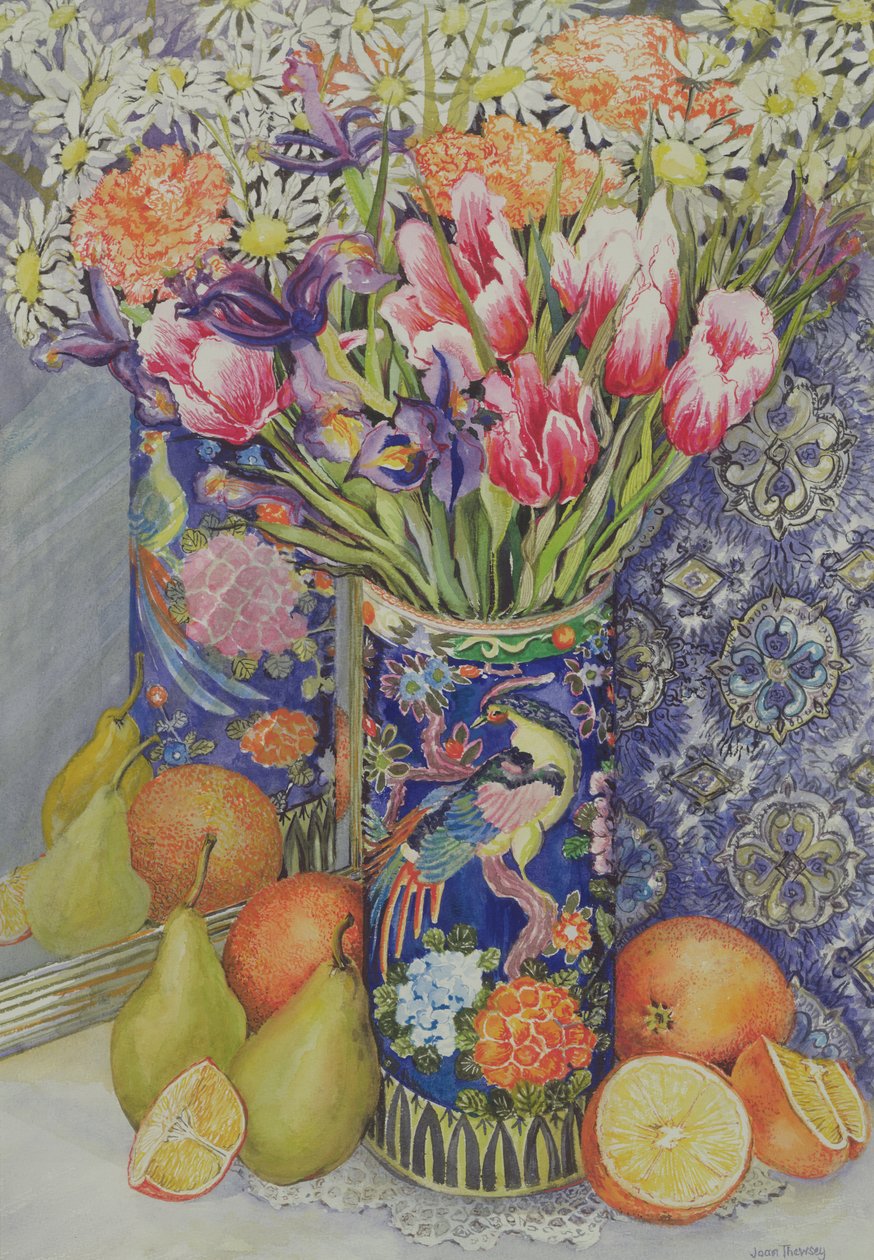 Tulipes dans un vase japonais avec des fruits - Joan Thewsey