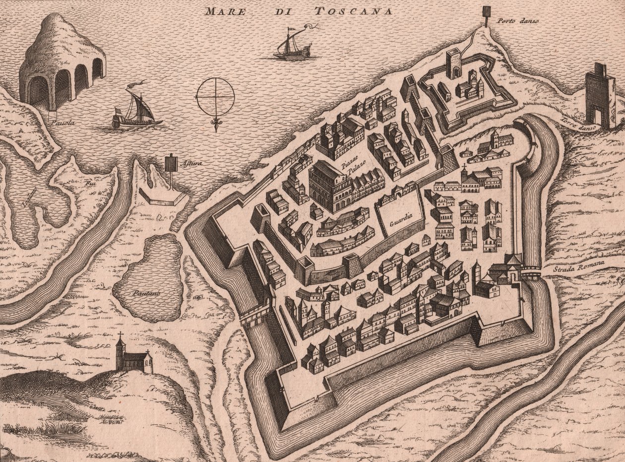 Carte de Nettuno, Latium, Italie, gravure sur cuivre - Joan Blaeu