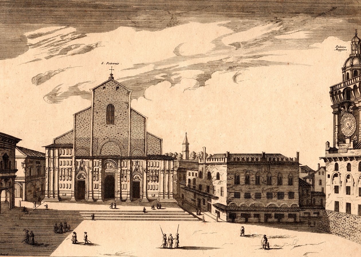 La Basilique San Petronio sur la Piazza Maggiore, Bologne, Émilie-Romagne, Italie, gravure sur cuivre - Joan Blaeu