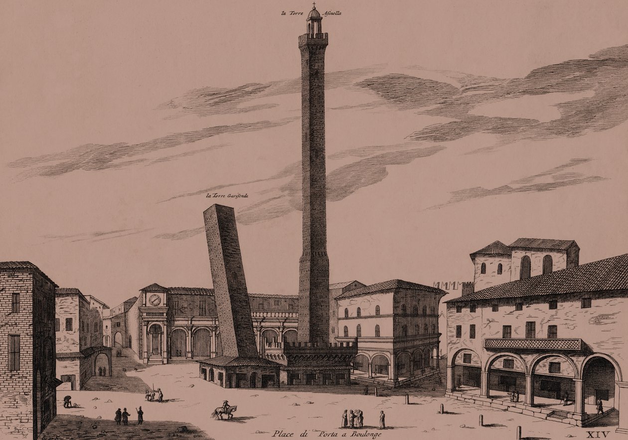 Les deux tours (Asinelli et Garisenda), Bologne, Émilie-Romagne, Italie, gravure sur cuivre - Joan Blaeu