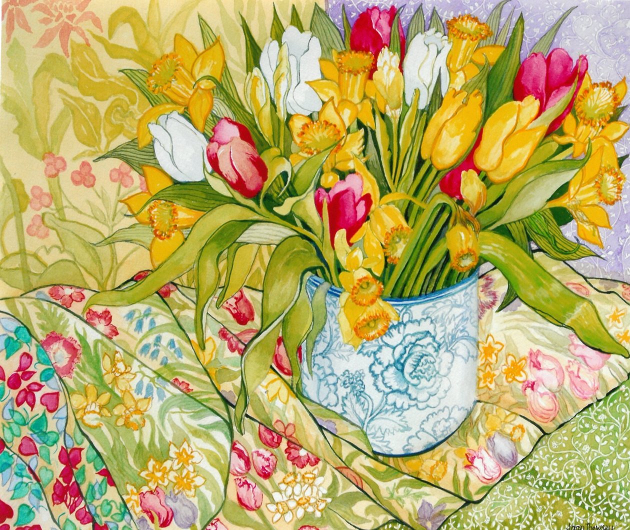 Tulipes et jonquilles avec textiles à motifs, 2000 - Joan Thewsey