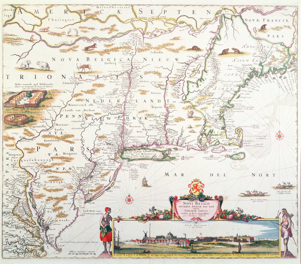 Carte de la Nouvelle-Belgique avec une vue de la Nouvelle-Amsterdam, compilée par Nicolaes Visscher (1618-1709) vers 1651-55 - Joannes Jansson