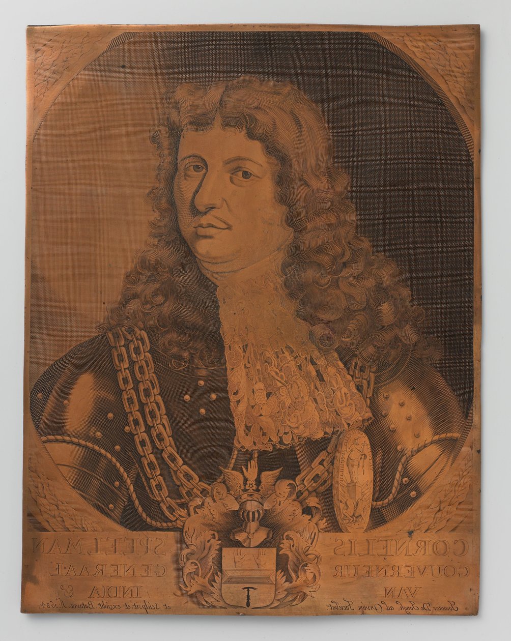 Plaque de gravure en cuivre avec portrait (buste) de Cornelis Speelman 1640-1684, Gouverneur général des Indes néerlandaises 1681-1684 - Joannes de Jongh