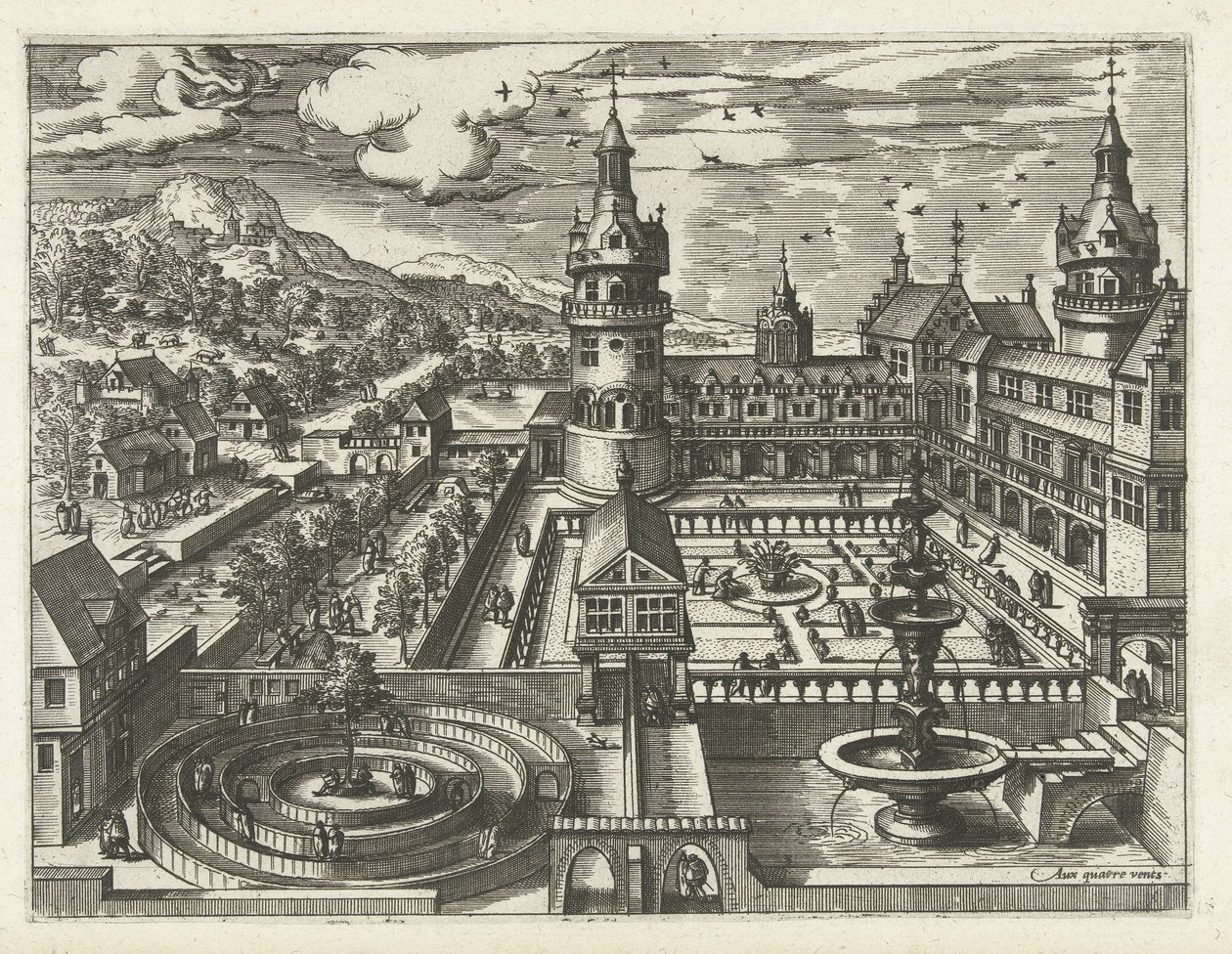 Château avec labyrinthe et fontaine - Joannes van Doetechum (I) (attributed to)