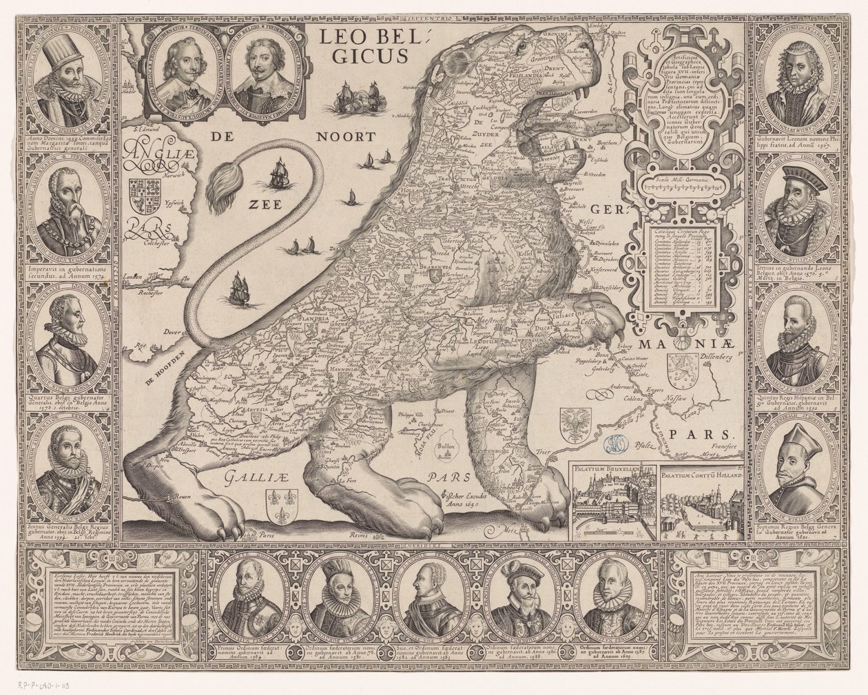 Carte des Dix-Sept Provinces en forme de lion néerlandais (Leo Belgicus) - Joannes van Doetechum (II)