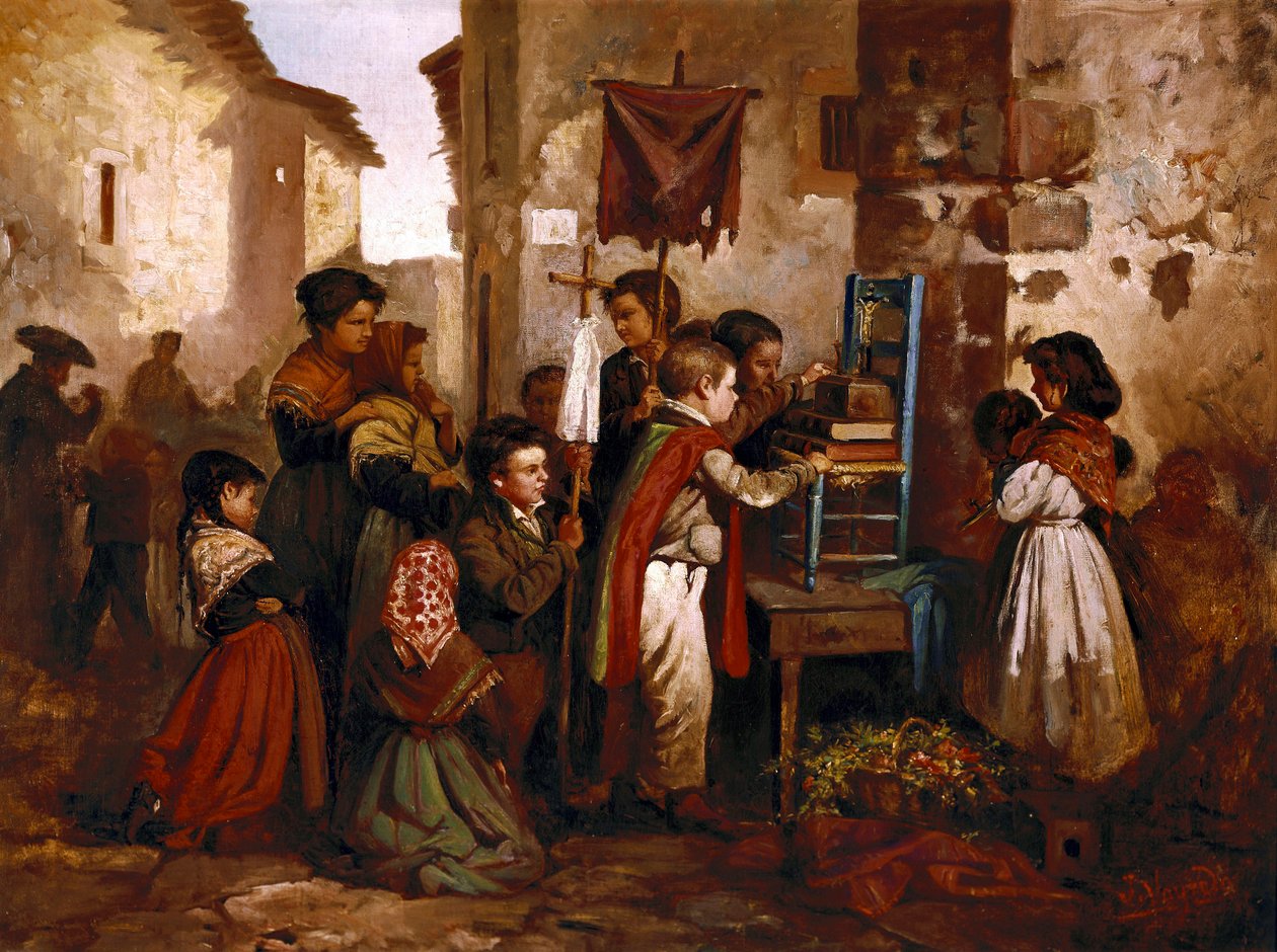 Enfants jouant dans la procession religieuse, peinture de Joaquim Vayreda y Vila - Joaquin Vayreda
