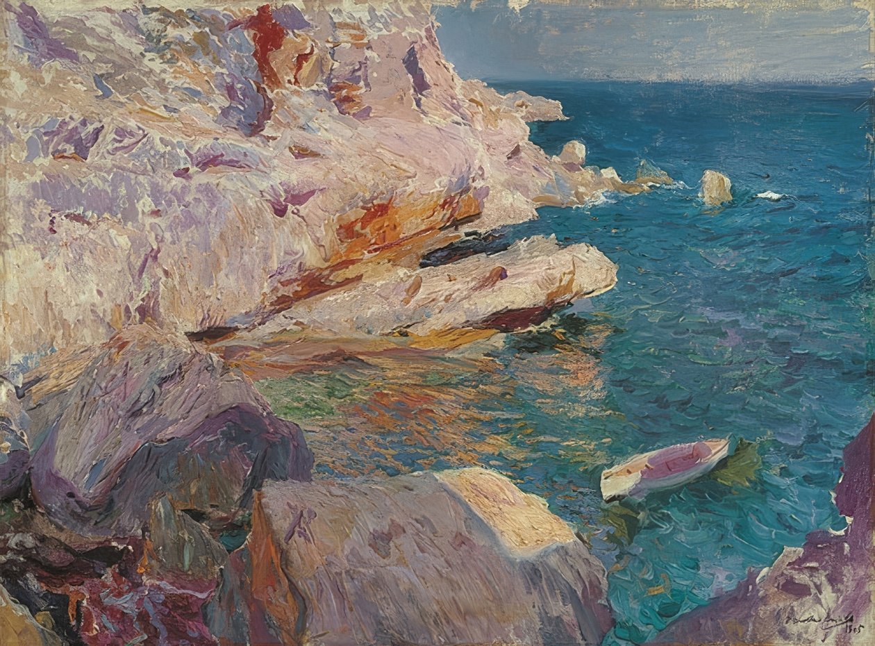 Rochers de Jávea avec bateau blanc. 1905 - Joaquín Sorolla