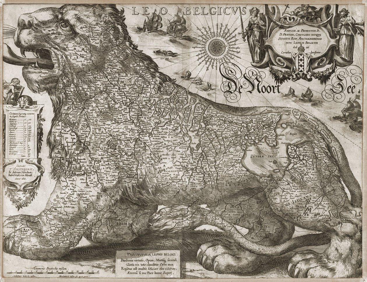 Leo Belgicus - carte des Pays-Bas (1611) - Jodocus Hondius