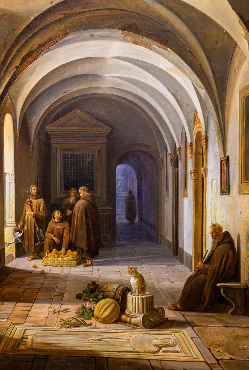 Moines franciscains dans le cloître de Santa Maria d