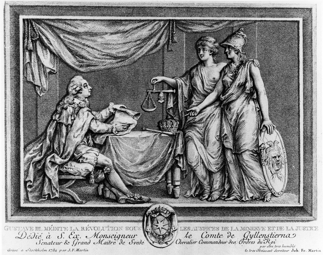 Gustave III contemplant la Révolution sous les auspices de Minerve et de la Justice, 1784 - Johan Fredrik Martin