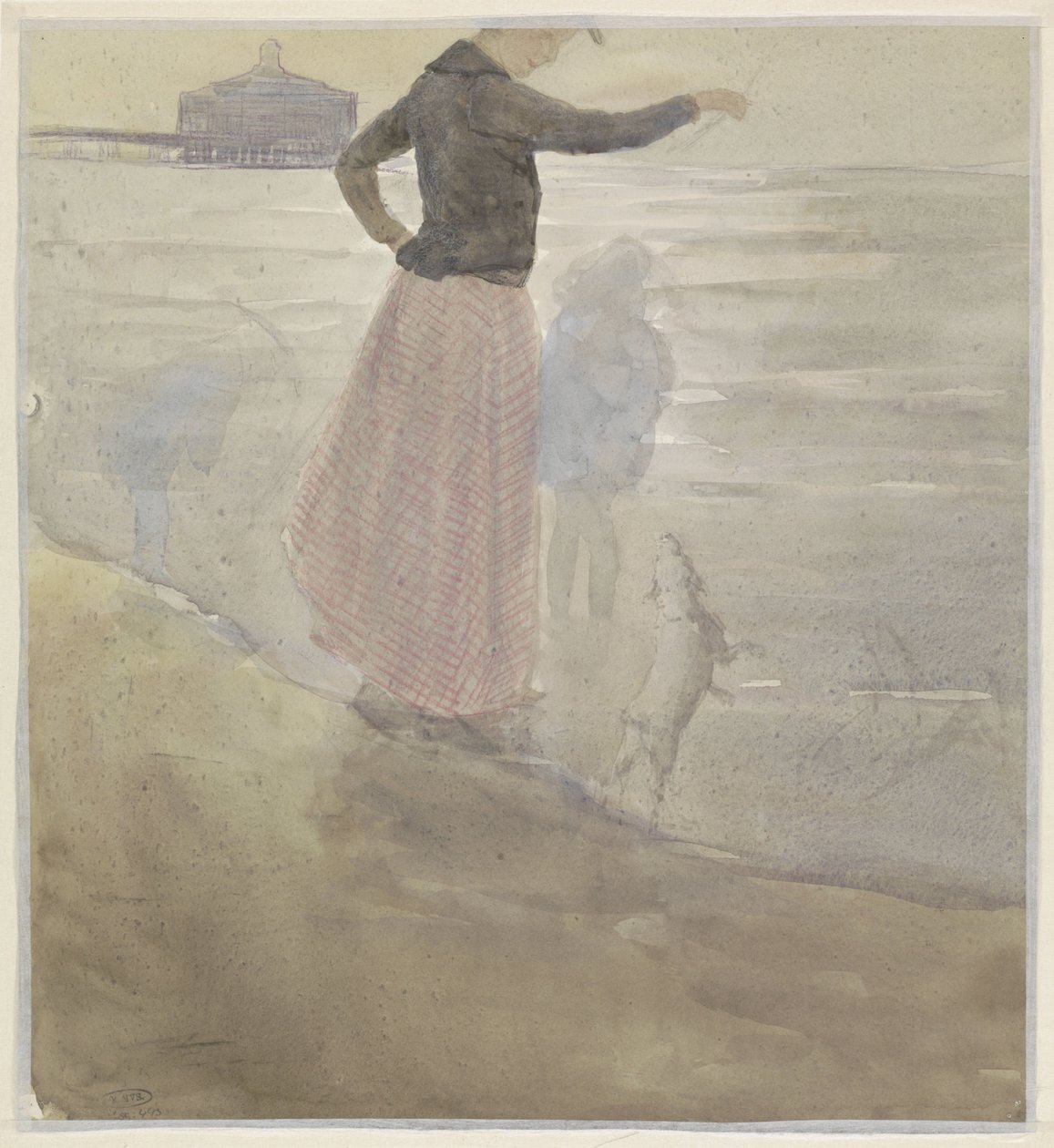 Femme avec deux enfants et un petit chien à la plage - Johan Antonie de Jonge