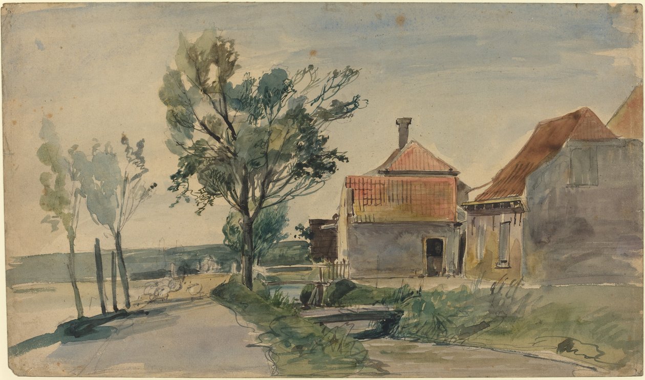 Un ruisseau coulant entre des maisons et une route - Johan Barthold Jongkind