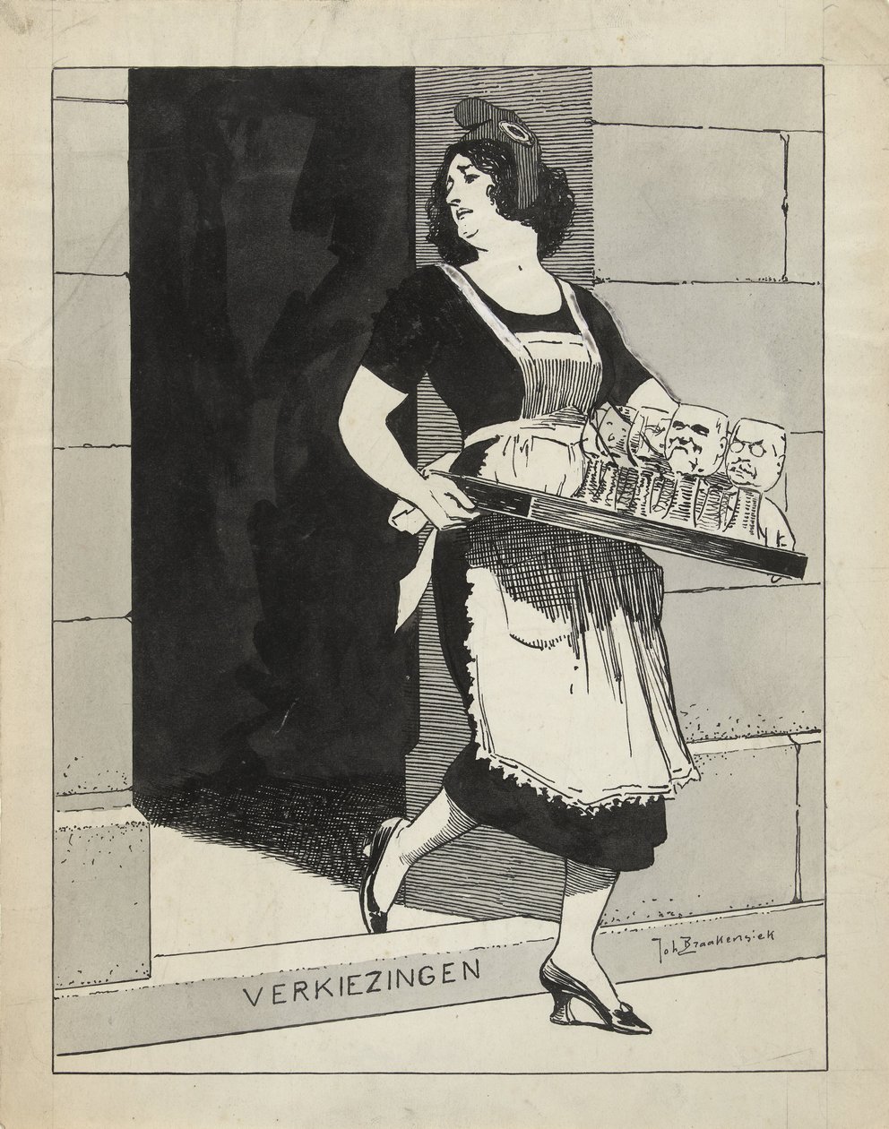 Conception pour illustration dans De Amsterdammer : La Vierge néerlandaise comme servante avec un plateau de verres trébuche sur la marche Élections (17 mai 1924) - Johan Braakensiek