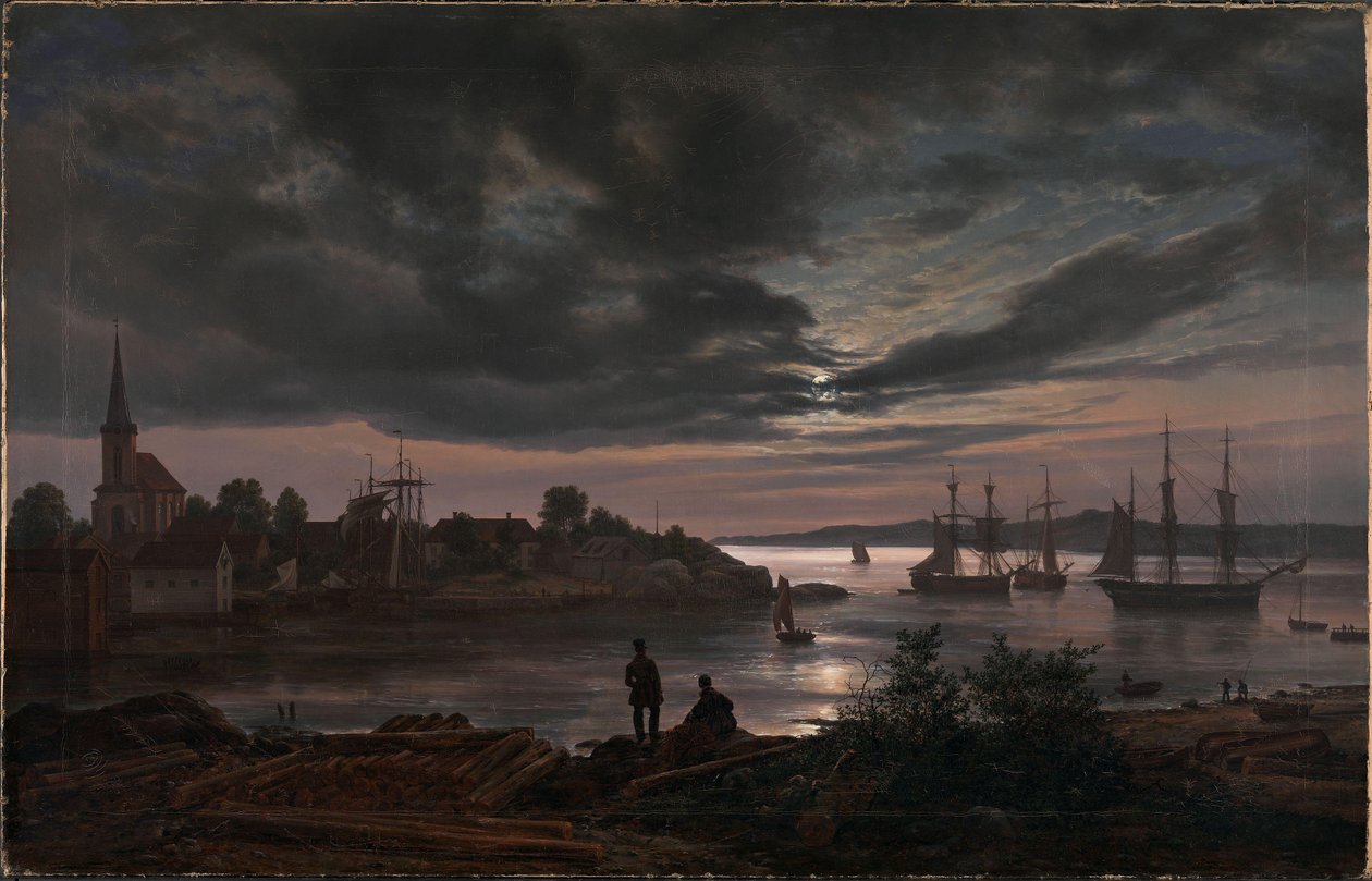 Norvégien :  Port de Larvik au clair de lune Larvik by Moonlight - Johan Christian Dahl