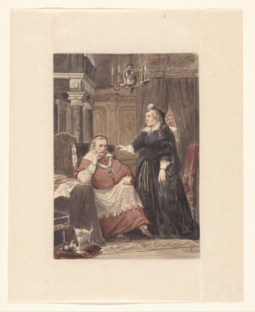 Deux personnes dans un intérieur, peut-être Marie de Médicis et le cardinal de Richelieu - Johan Coenraad Leich (signed by artist)