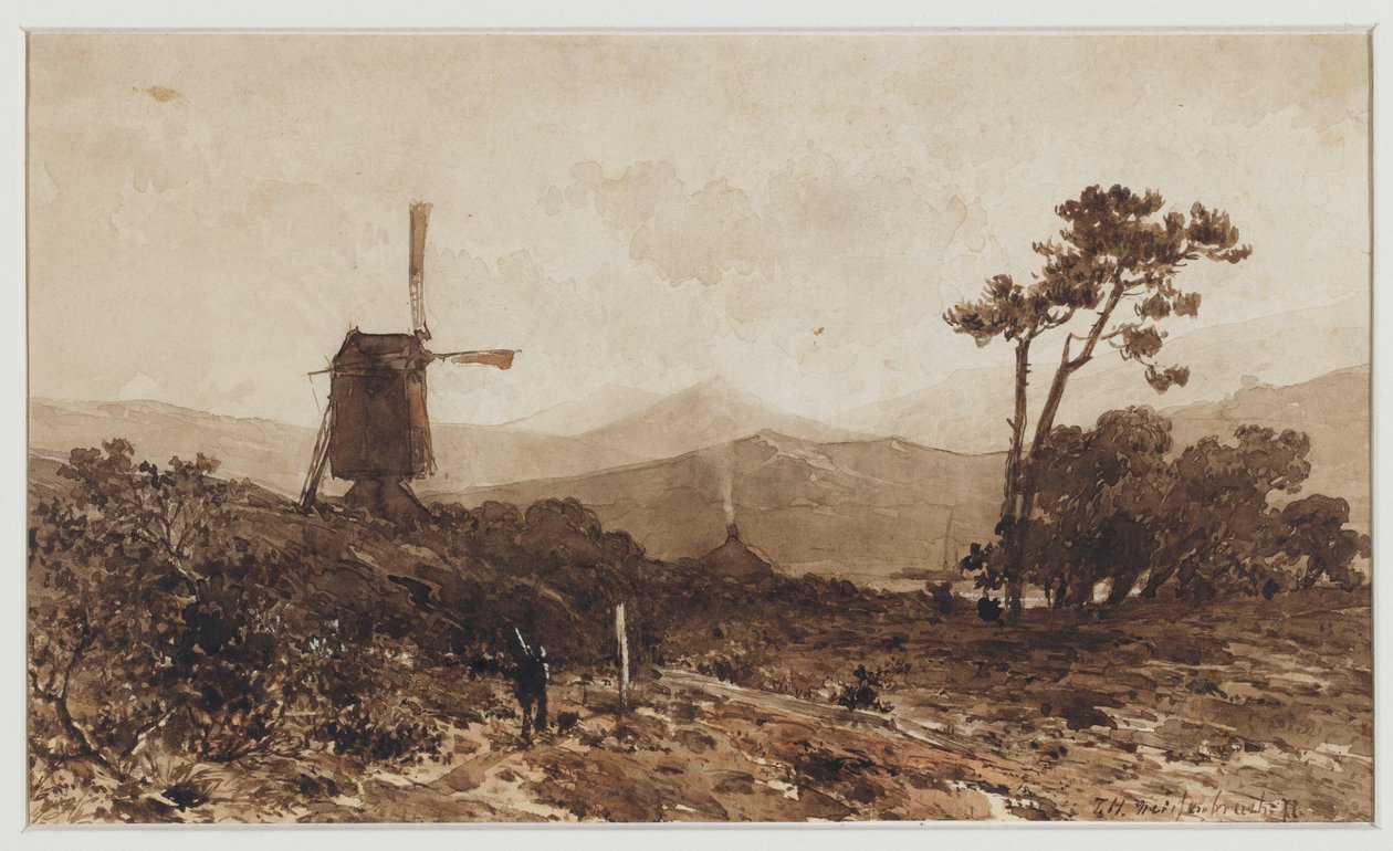 Paysage de collines avec un moulin à gauche - Johan Hendrik Weissenbruch