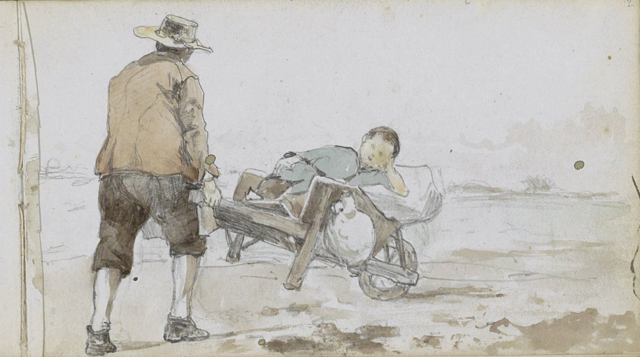 Paysage avec un homme poussant un garçon sur une charrette à main - Johan Hendrik Weissenbruch