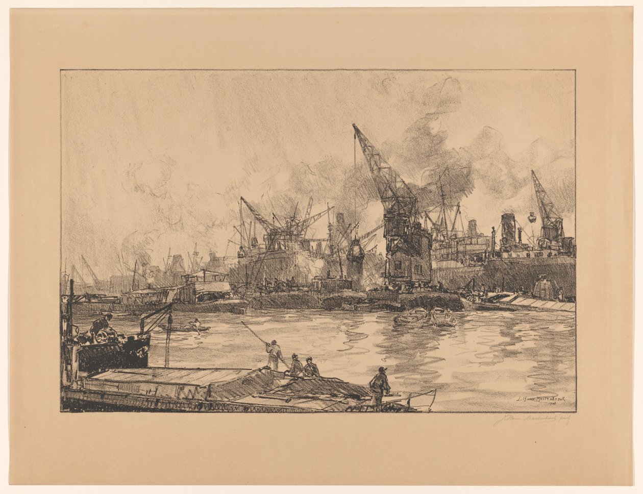 Vue du port de Rotterdam, avec diverses grues - Johan Hendrik van Mastenbroek (signed by artist)