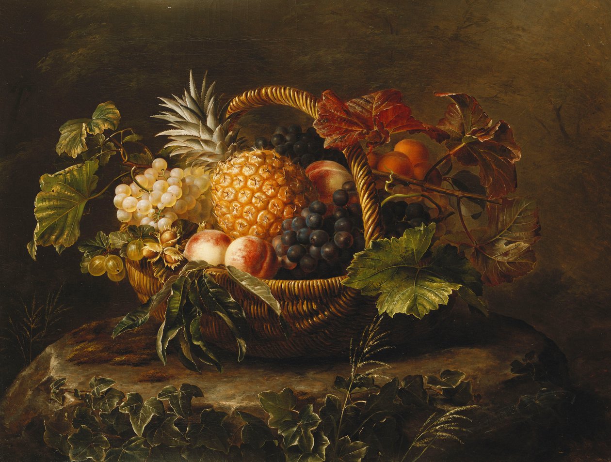 Ananas, raisins, pêches et abricots dans un panier - Johan Laurents Jensen