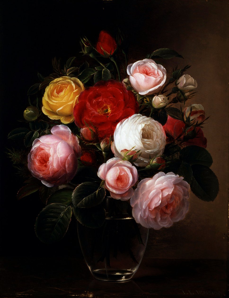 Nature morte de roses dans un vase en verre. Peinture de Johan Laurentz Jensen (1800-1856 danois) Collection privée - Johan Laurents Jensen