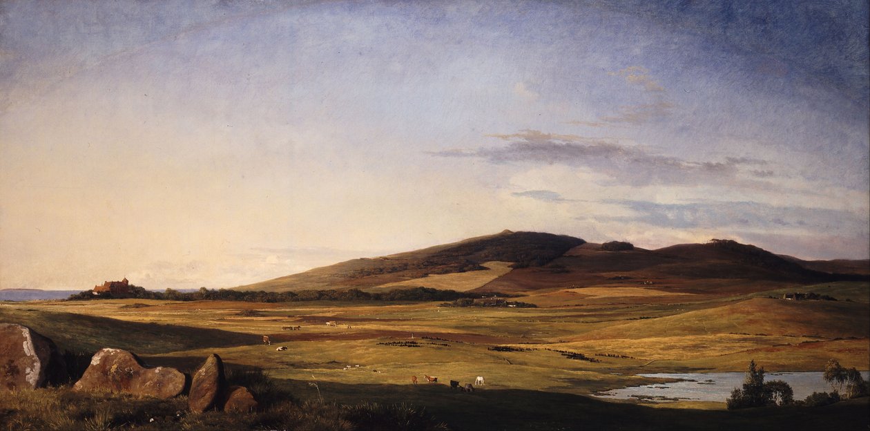 Paysage de Zélande. Vue de Bjerresø Mark vers Vejrhøj et le manoir de Dragsholm - Johan Lundbye