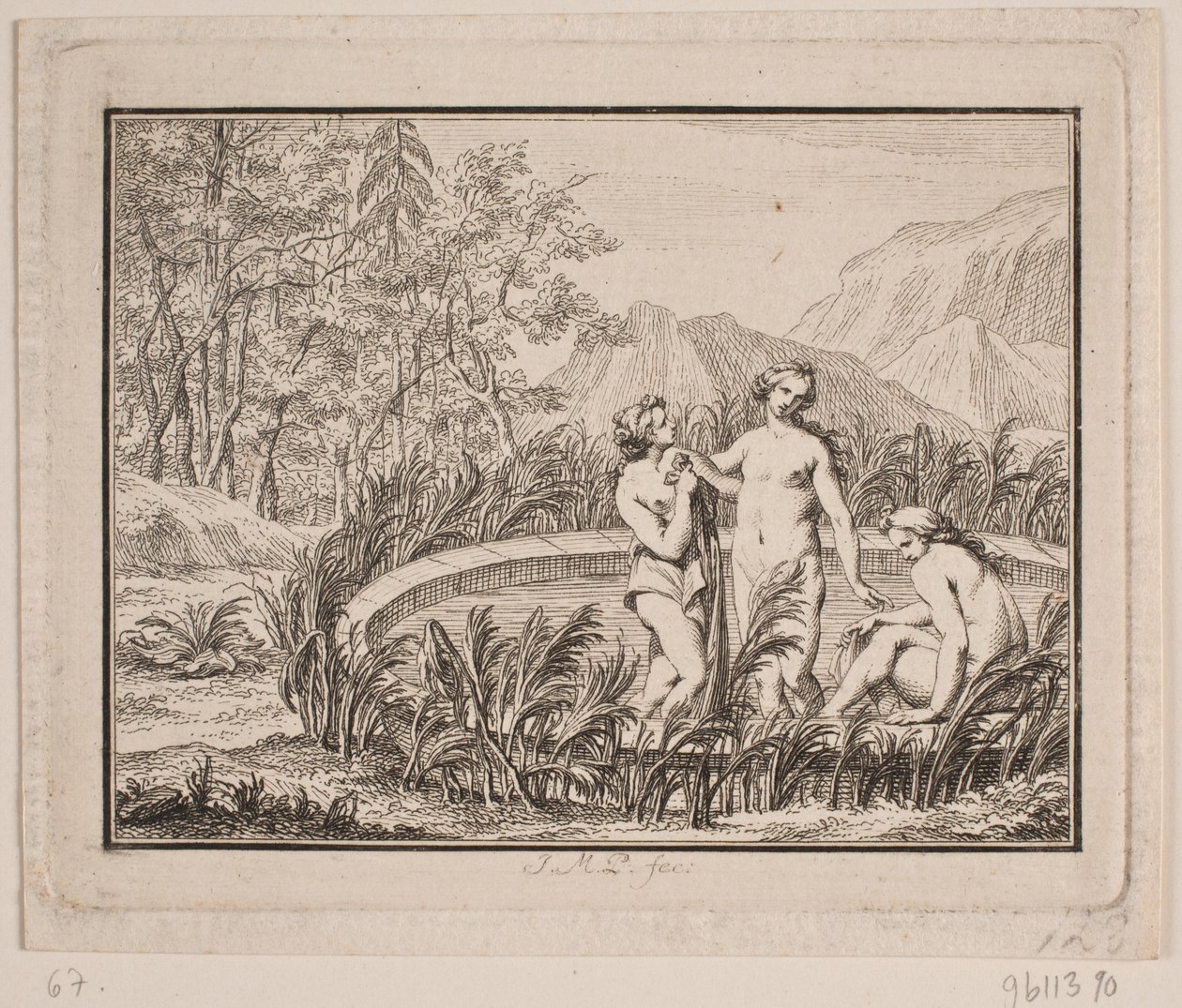 Vignette. Trois femmes se baignant dans un bassin - Johan Martin Preisler