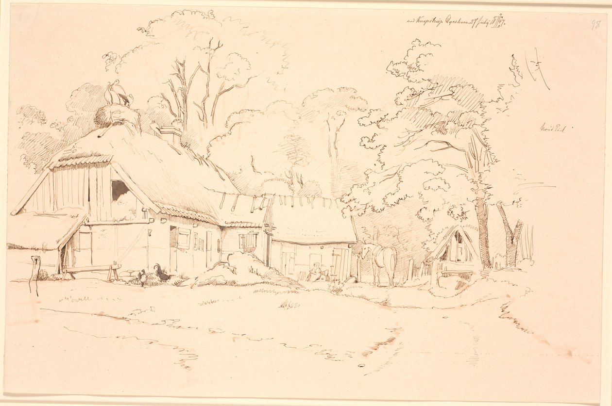Maison de paysan avec un nid de cigognes sur le toit - Johan Thomas Lundbye