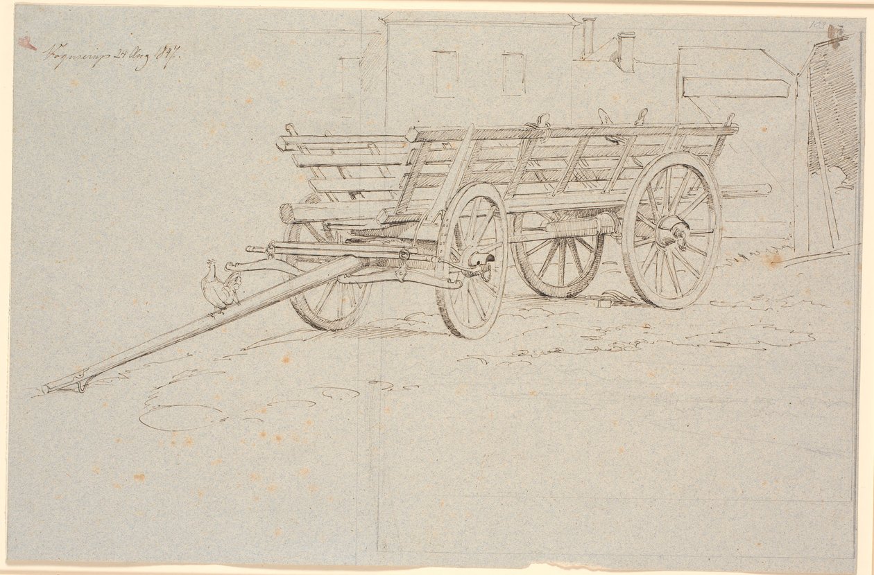 Un chariot de récolte avec une poule caquetante sur la barre du chariot - Johan Thomas Lundbye