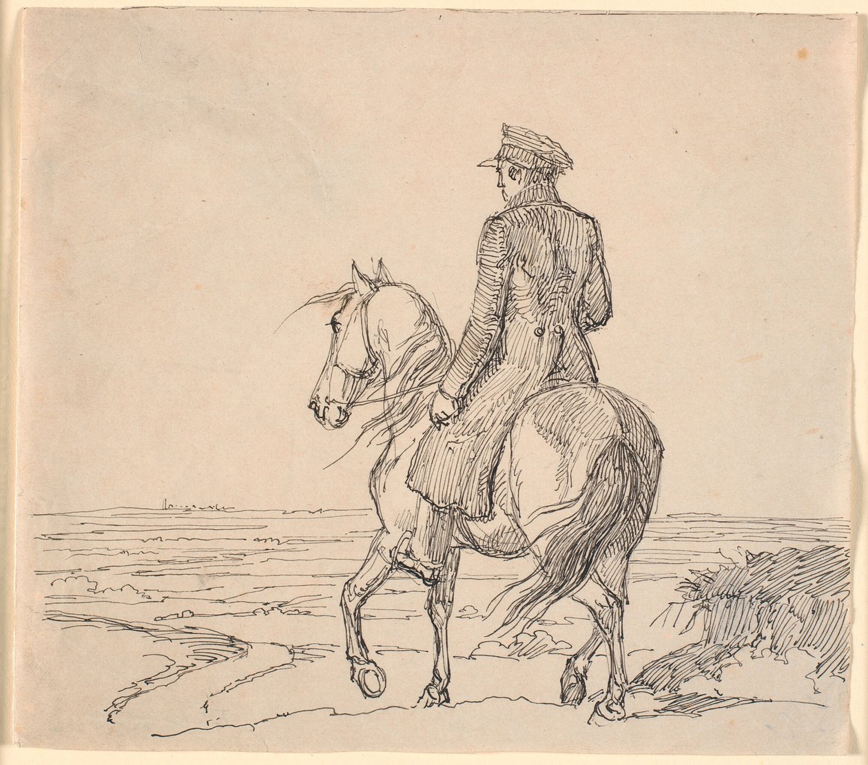 Un cavalier vu de biais de dos chevauchant vers un paysage étendu - Johan Thomas Lundbye