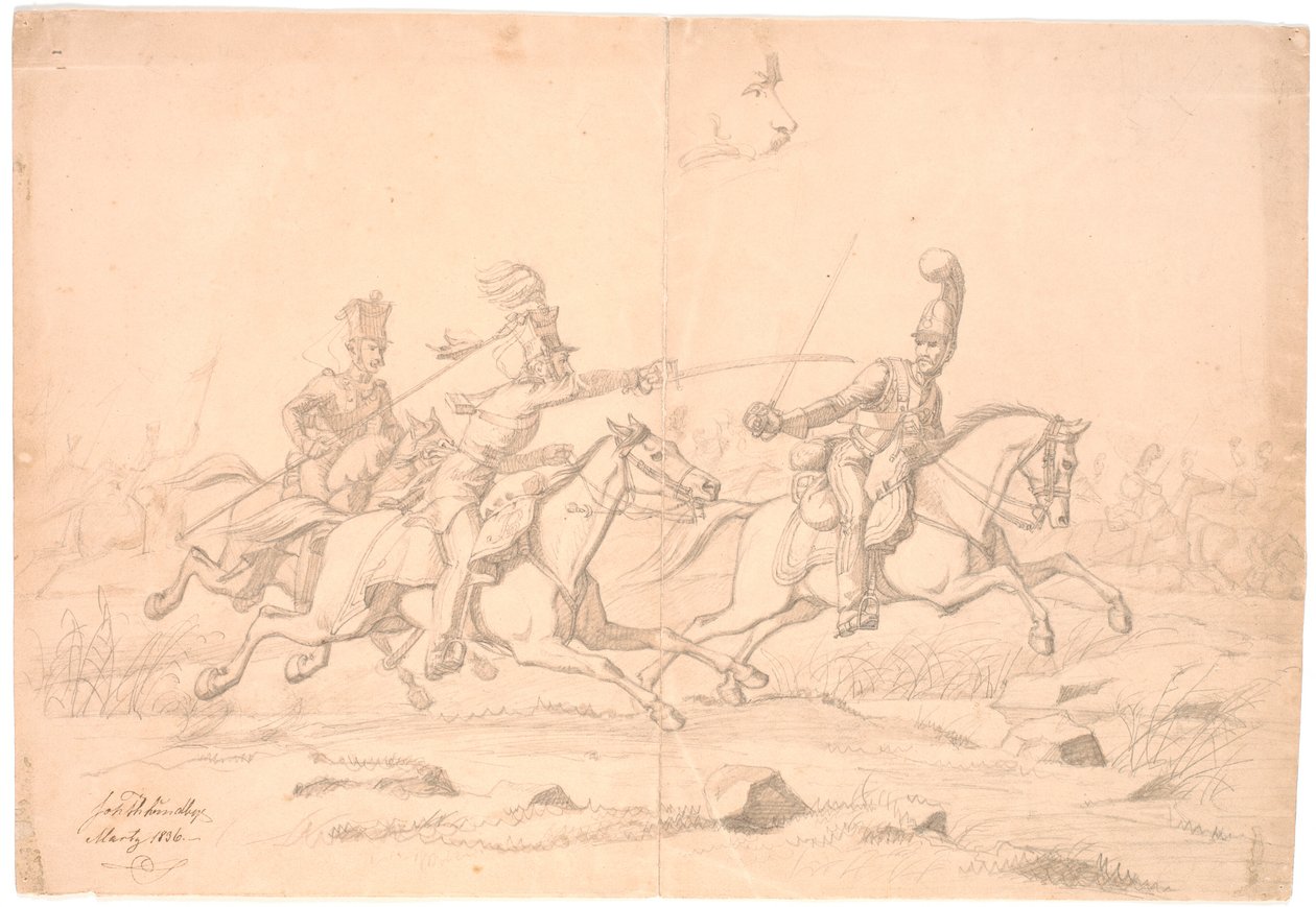 Combat de cavaliers ; en haut, une étude de tête - Johan Thomas Lundbye