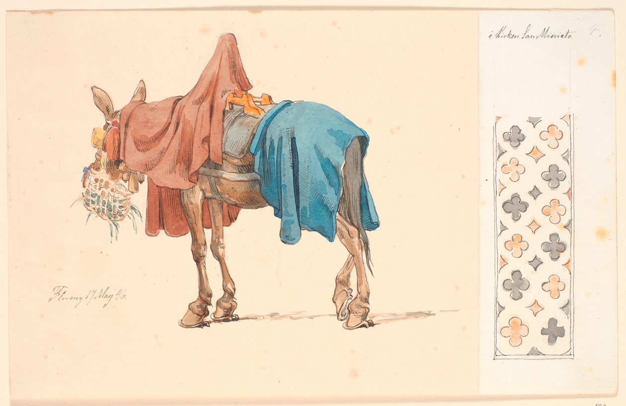 Un mulet mangeant son fourrage. À droite sur du papier collé une bordure décorative - Johan Thomas Lundbye