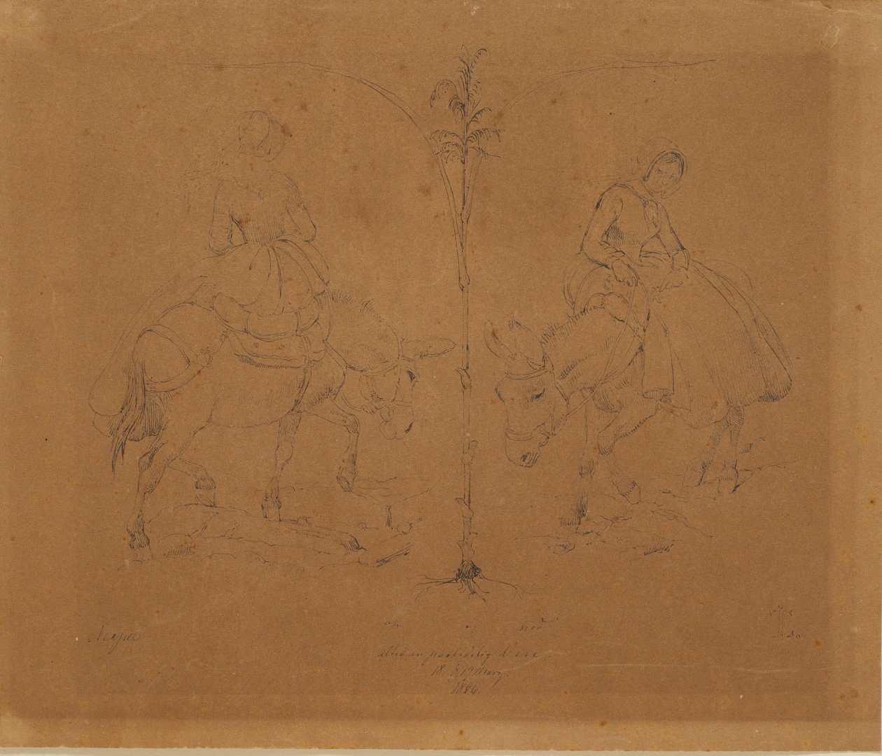 Madame Raffenberg assise sur un âne. Deux représentations séparées par une tige de plante - Johan Thomas Lundbye