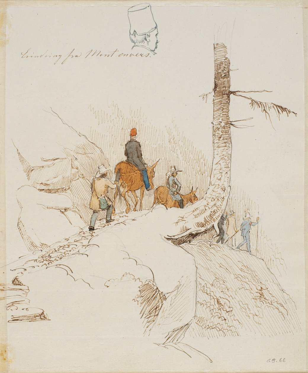 Voyageurs à pied et à cheval sur un sentier de montagne au-dessus d