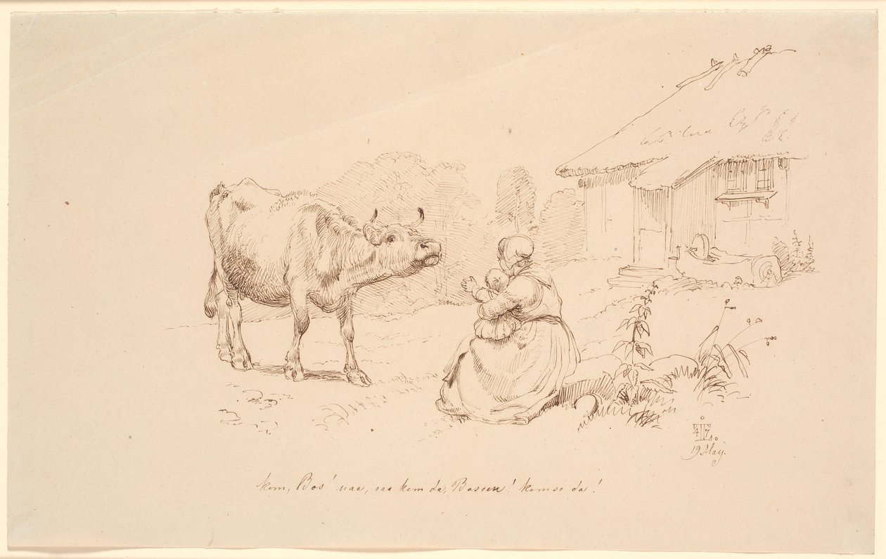 Viens Bos !. Devant une ferme, une femme est assise avec un enfant tendant la main vers une vache - Johan Thomas Lundbye