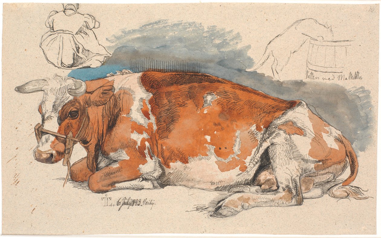 Vache couchée. En haut à gauche, une paysanne assise, à droite, un chat buvant du pissenlit - Johan Thomas Lundbye