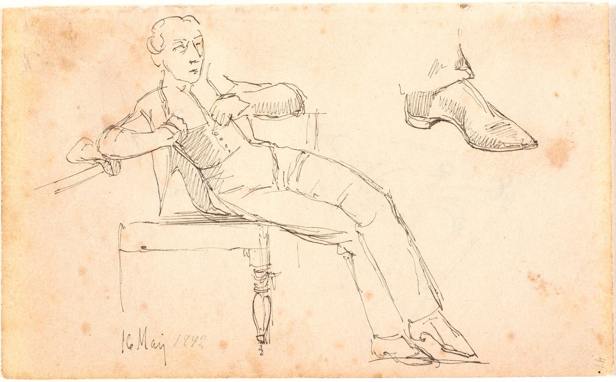 Feuille de carnet de croquis avec jeune homme assis et étude d