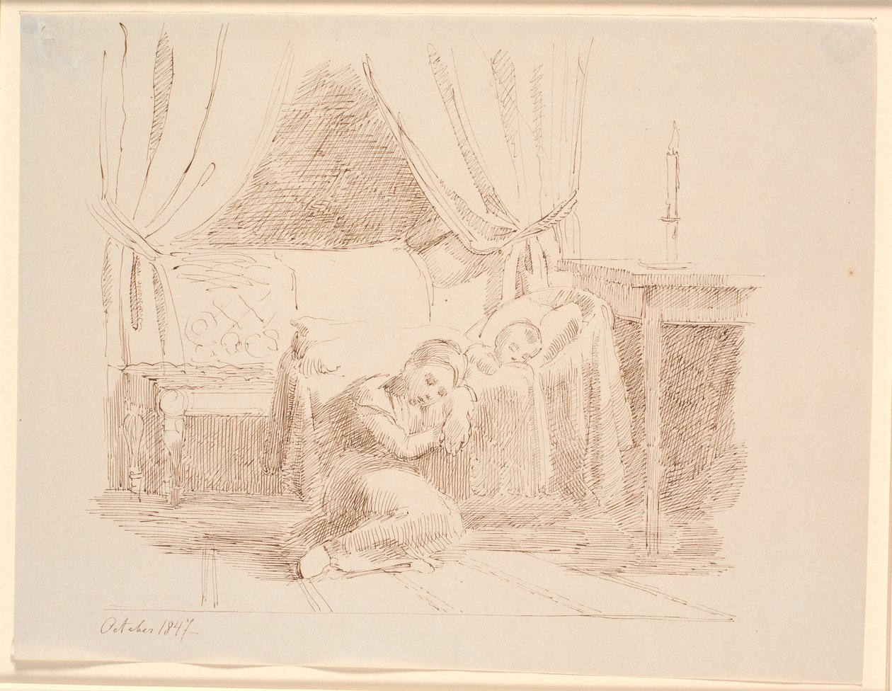 Intérieur de chambre avec une petite fille assise par terre et dormant, appuyée contre un berceau avec un enfant endormi - Johan Thomas Lundbye
