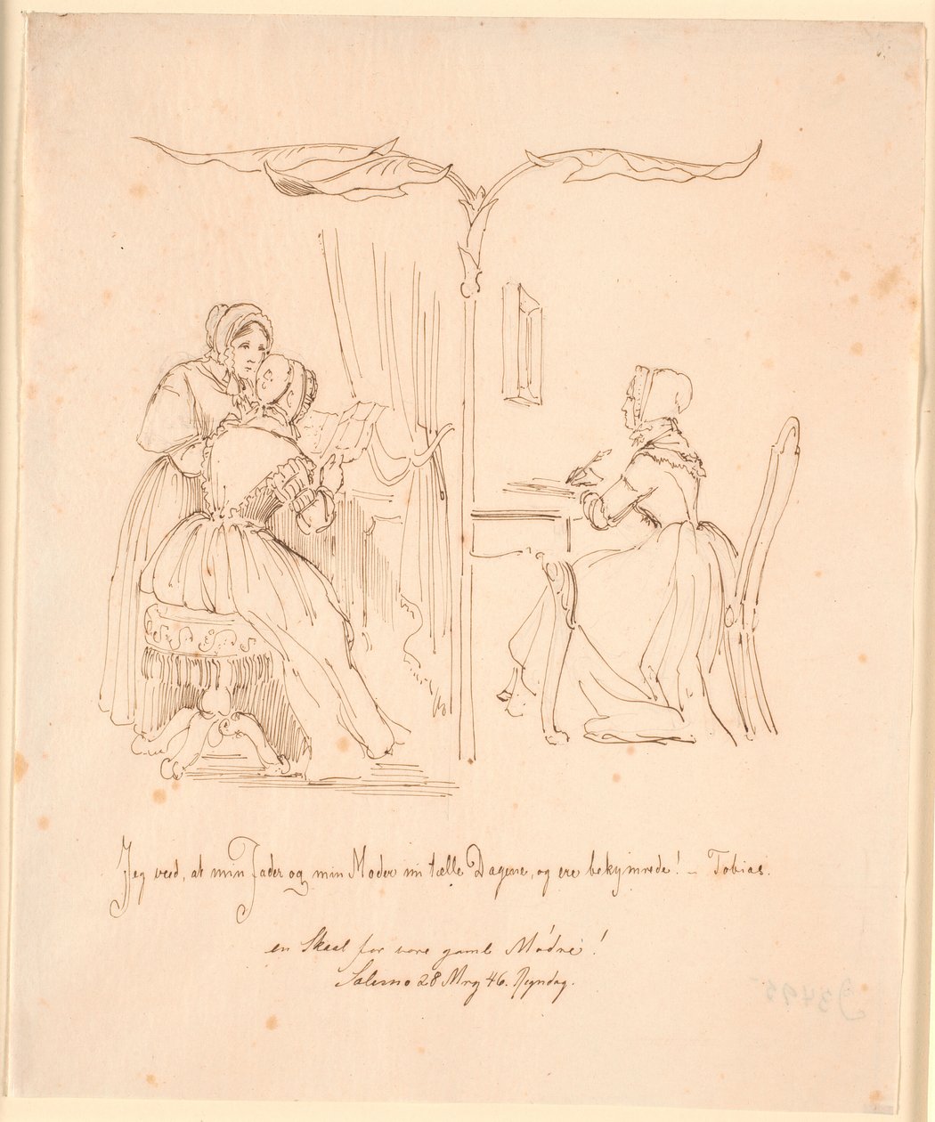 Deux dames lisant des lettres à gauche, une dame écrivant une lettre à droite - Johan Thomas Lundbye