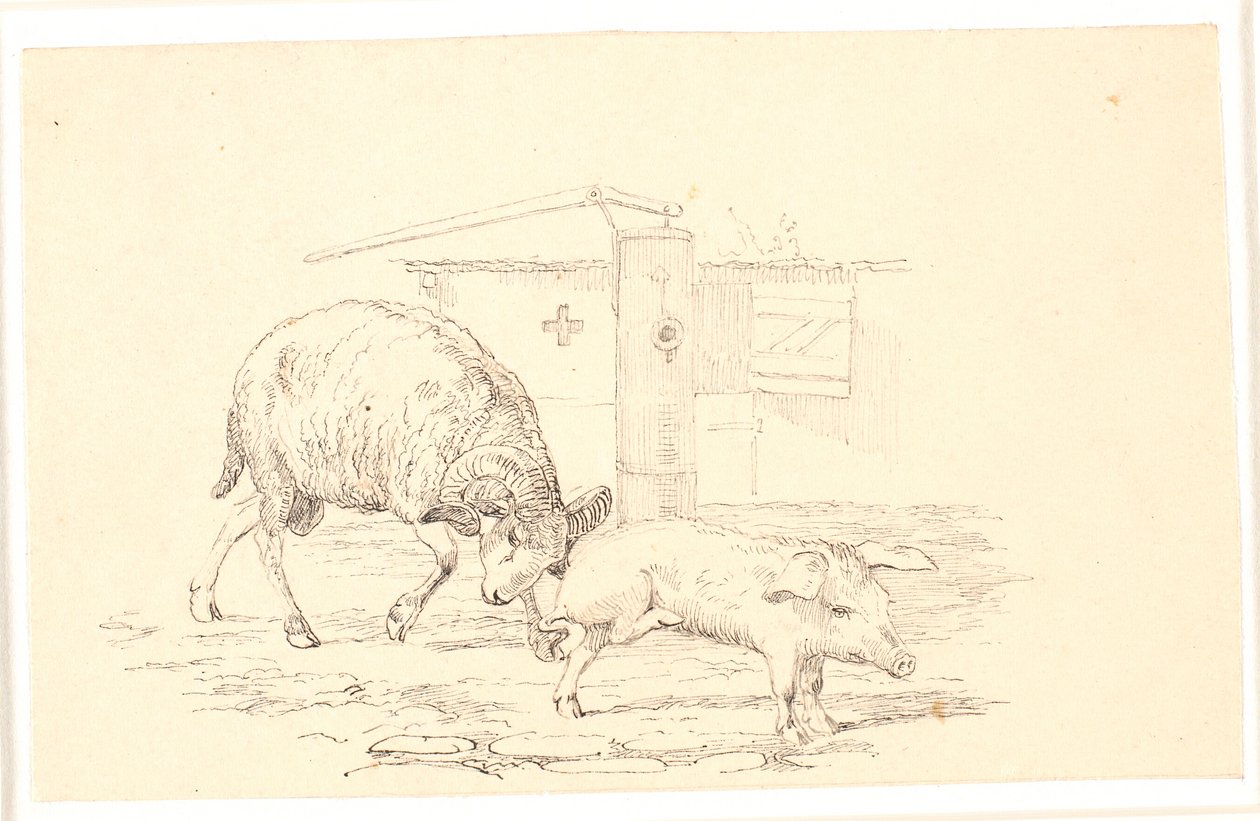 Le bélier et le cochon. Illustration pour "Fables pour enfants" de Kaalund. Voir commentaire du catalogue d