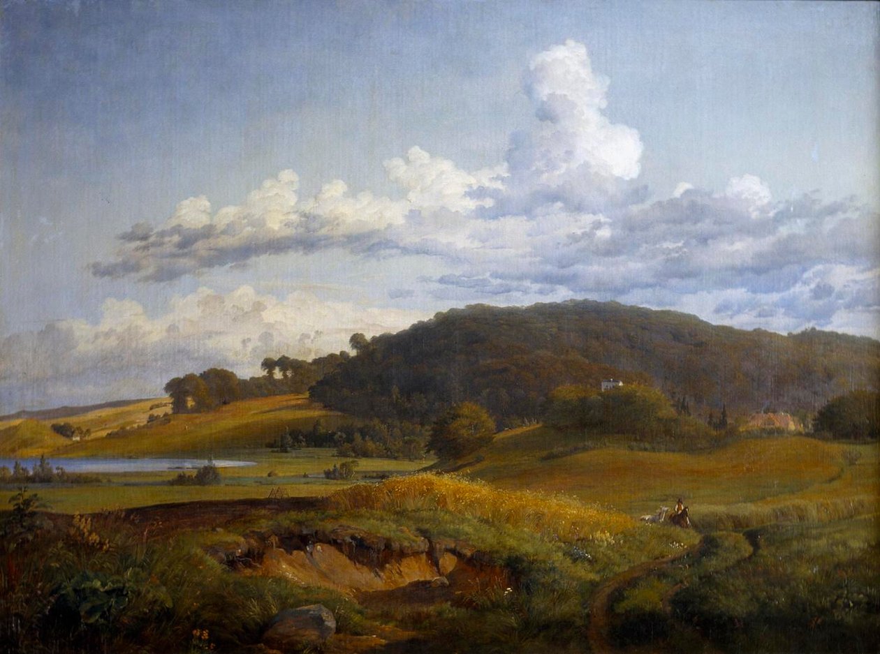Vue de Vinderød vers Høbjerg près de Frederiksværk, avec la maison des parents de J. Th. Lundbye - Johan Thomas Lundbye
