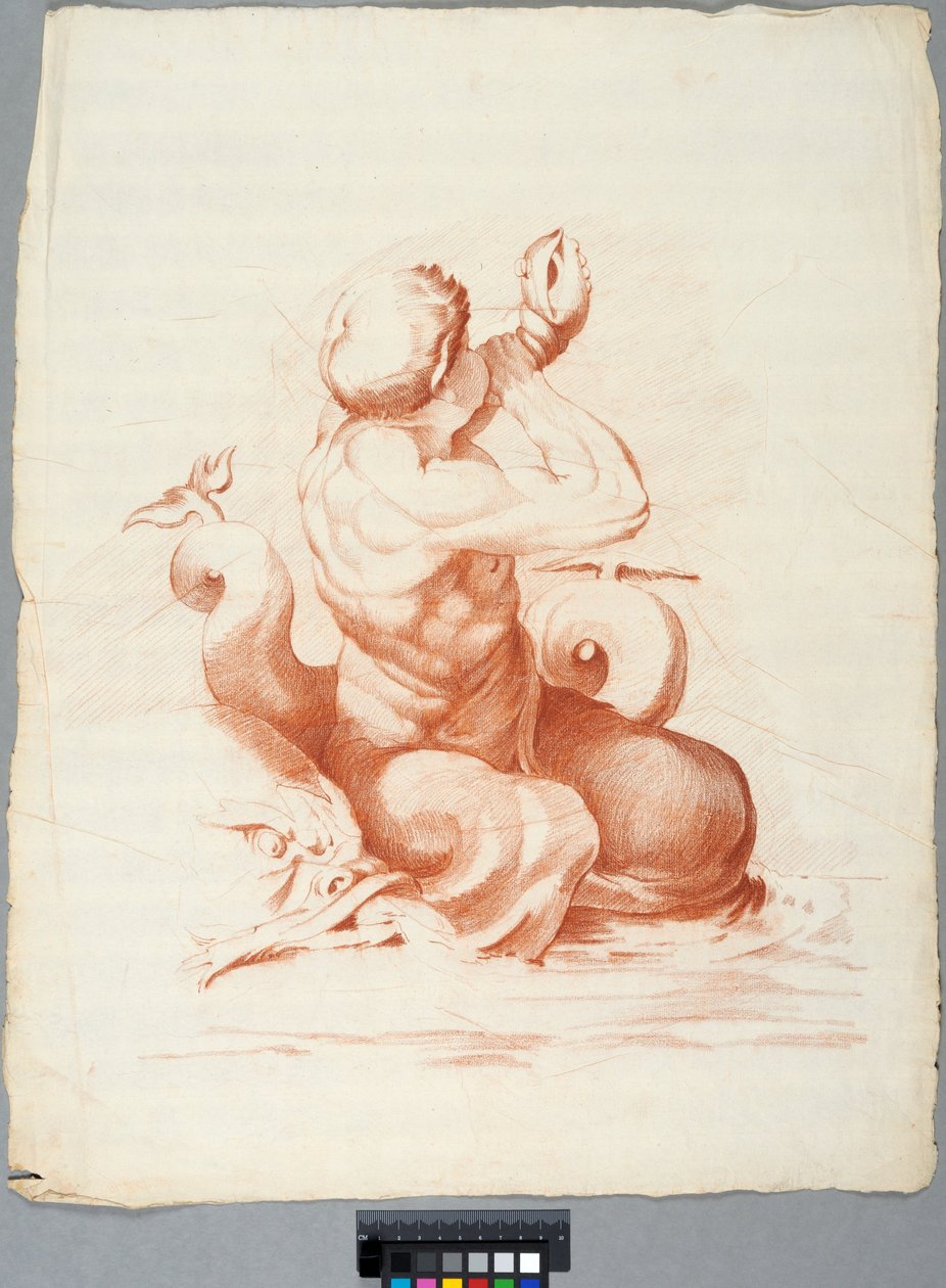 Akademiezeichnung. Detail einer Deckendekoration mit Peleus und Thetis in der Galleria Farnese, Rom, Triton bläst eine Muschel - Johan Tobias Sergel