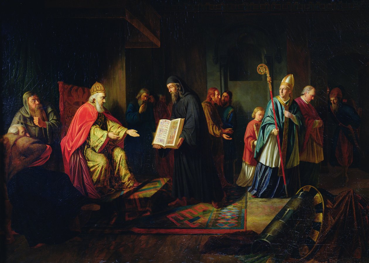 Vladimir Svyatoslavich le Grand choisissant la religion en 987 - Johann Leberecht Eggink