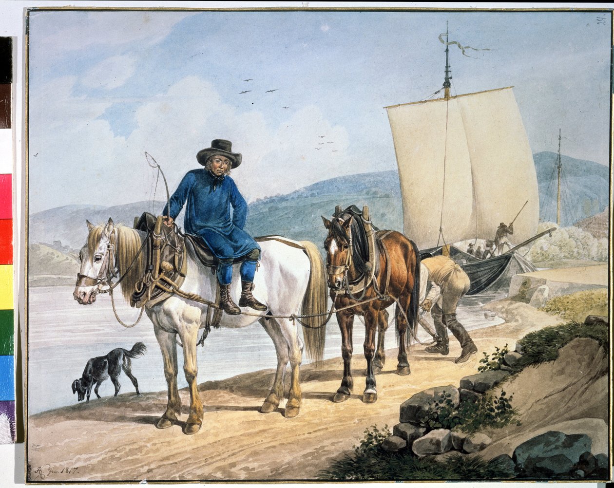 Un cheval et une charrette au bord de la rivière - Johann Adam Klein